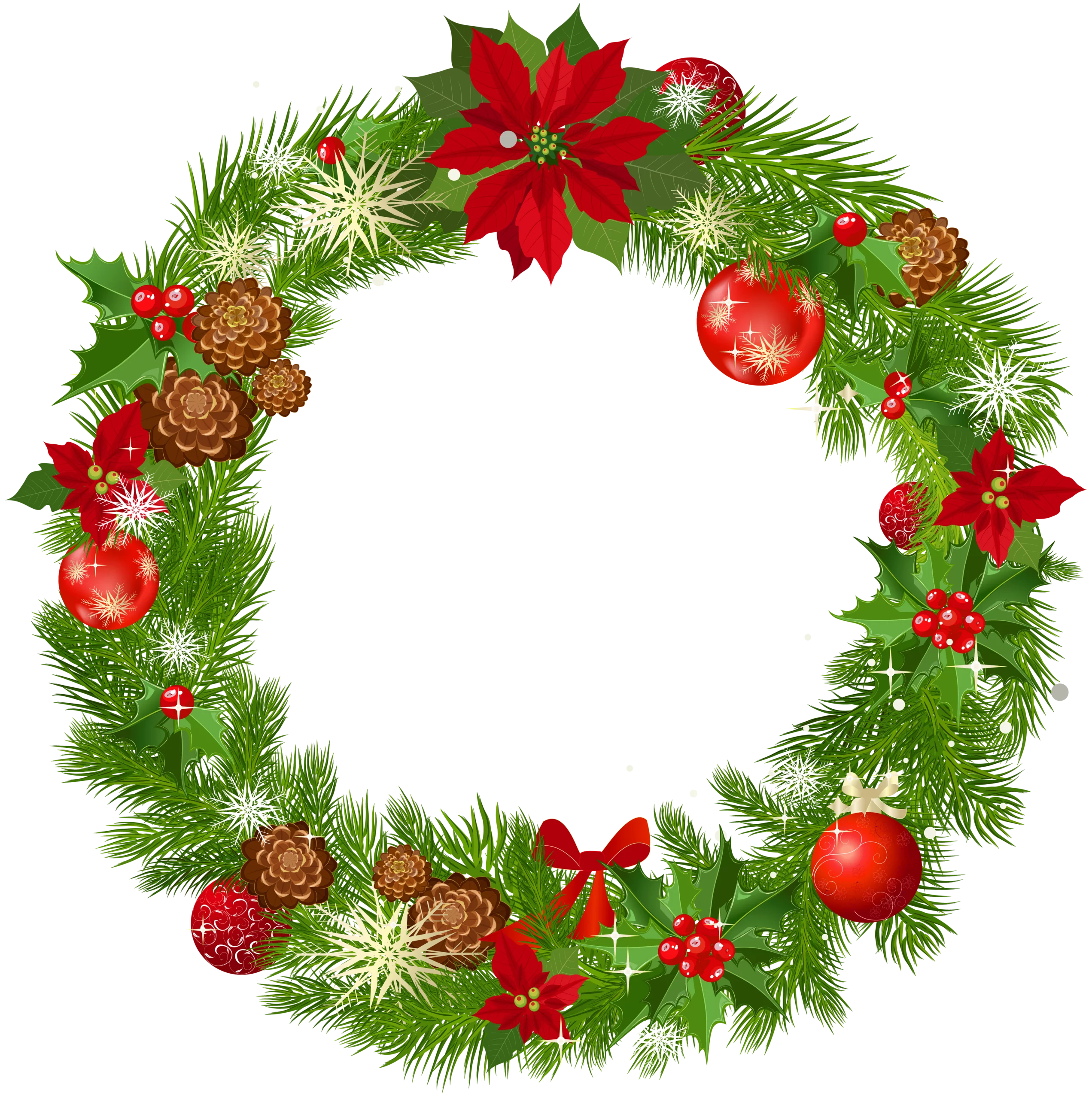 Festive Holiday Evergreen Wreath with Poinsettias, Pine Cones and Christmas Ornaments Clipart