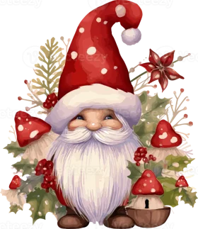 Festive Holiday Garden Gnome with Red Mushrooms and Winter Greenery Clipart