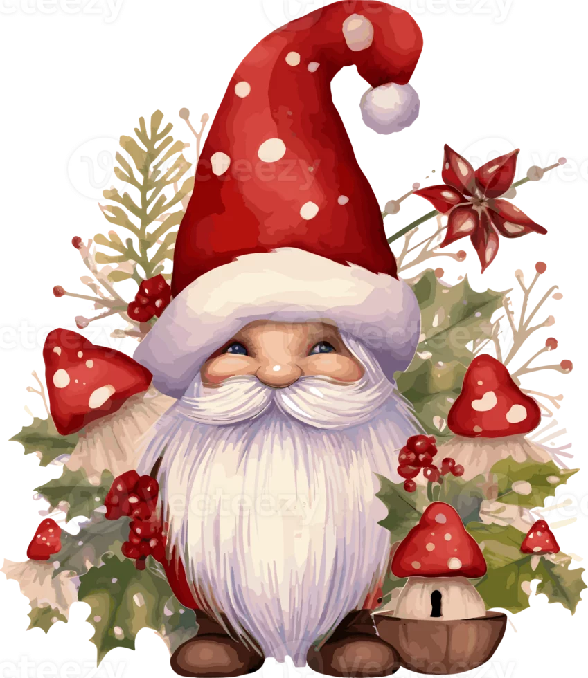 Festive Holiday Garden Gnome with Red Mushrooms and Winter Greenery Clipart