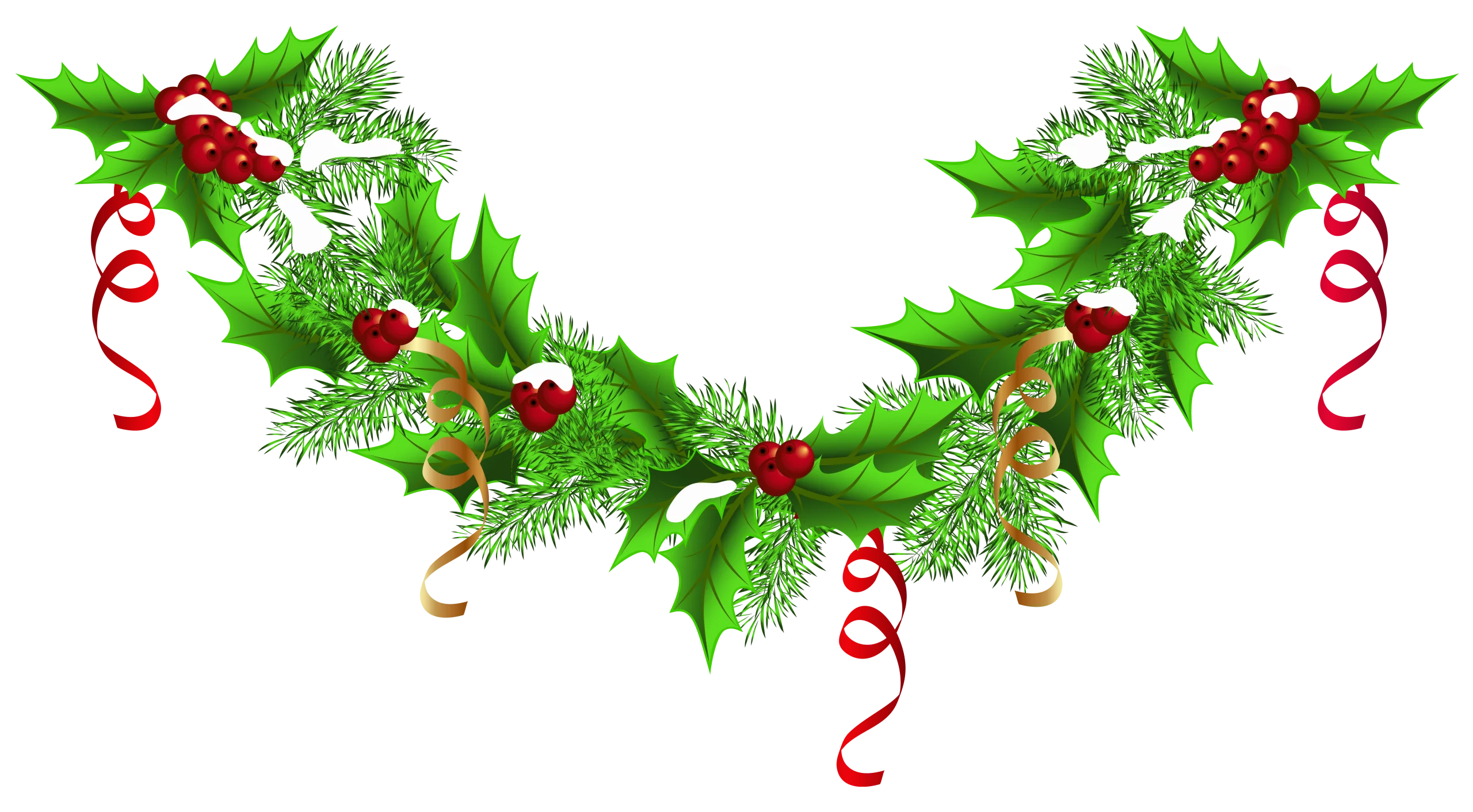 Festive Holiday Garland with Holly Berries, Pine Branches and Decorative Ribbons