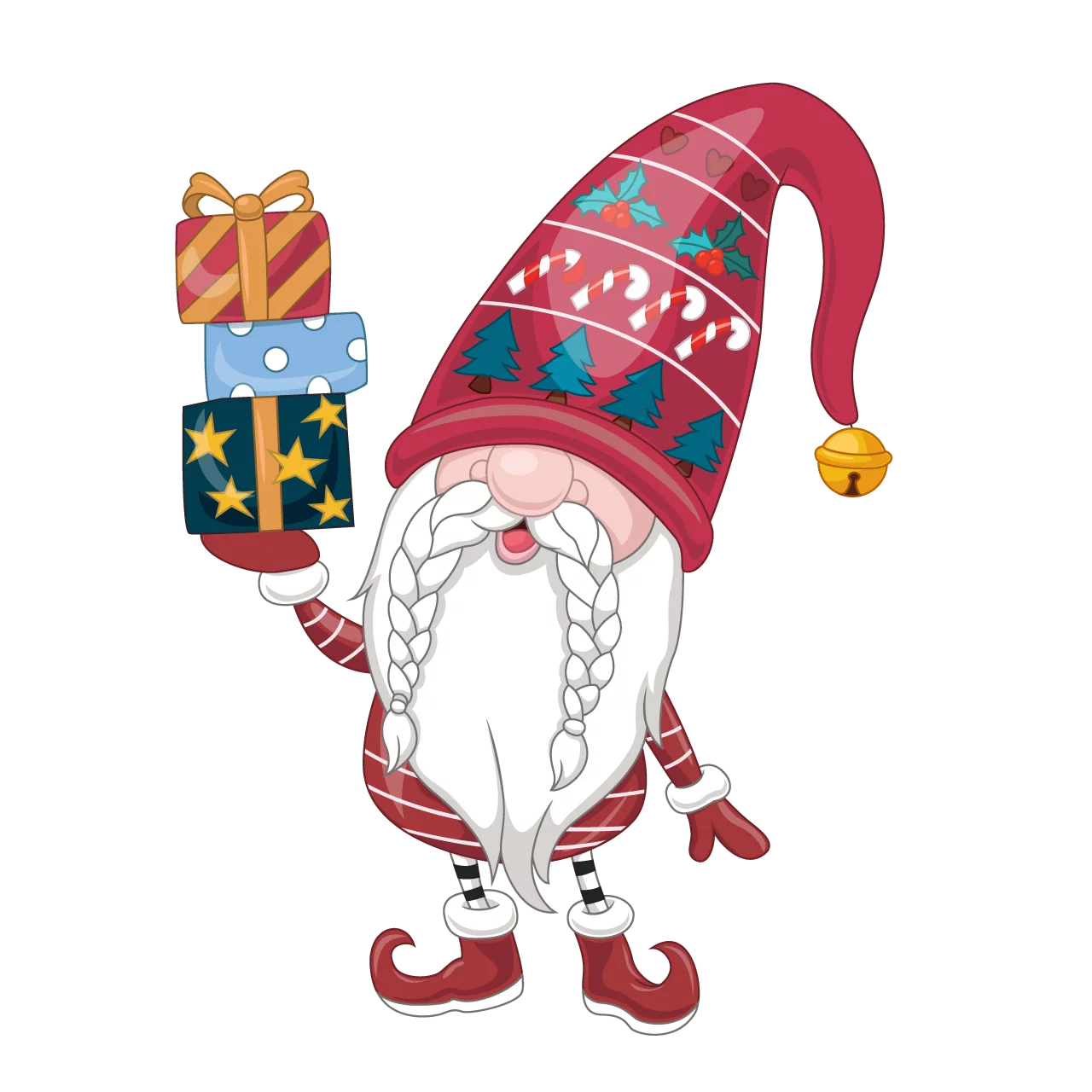 Festive Holiday Gnome with Colorful Gifts and Traditional Christmas Attire