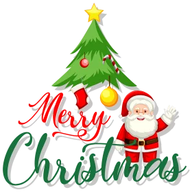 Festive Merry Christmas Greeting with Christmas Tree and Santa Claus Clipart