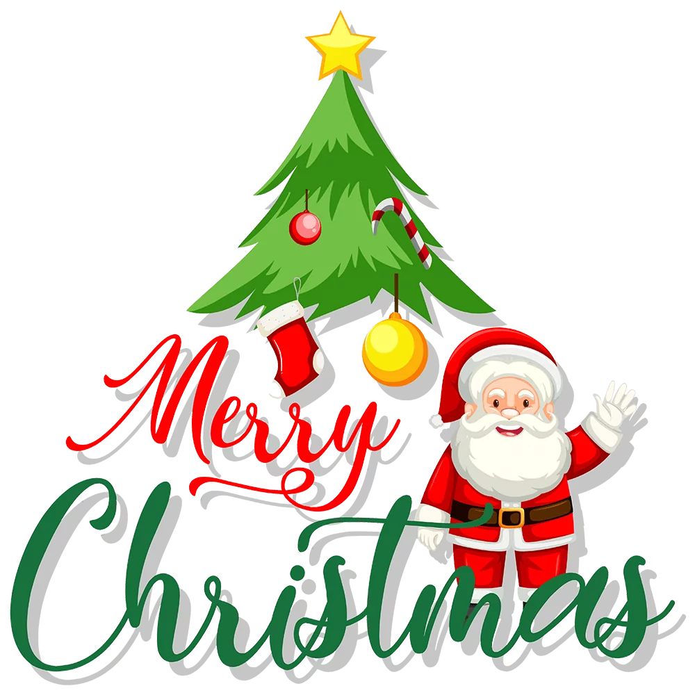 Festive Merry Christmas Greeting with Christmas Tree and Santa Claus Clipart