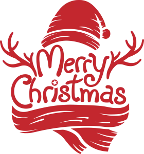 Festive Red Merry Christmas Typography with Santa Hat and Reindeer Antlers Clipart