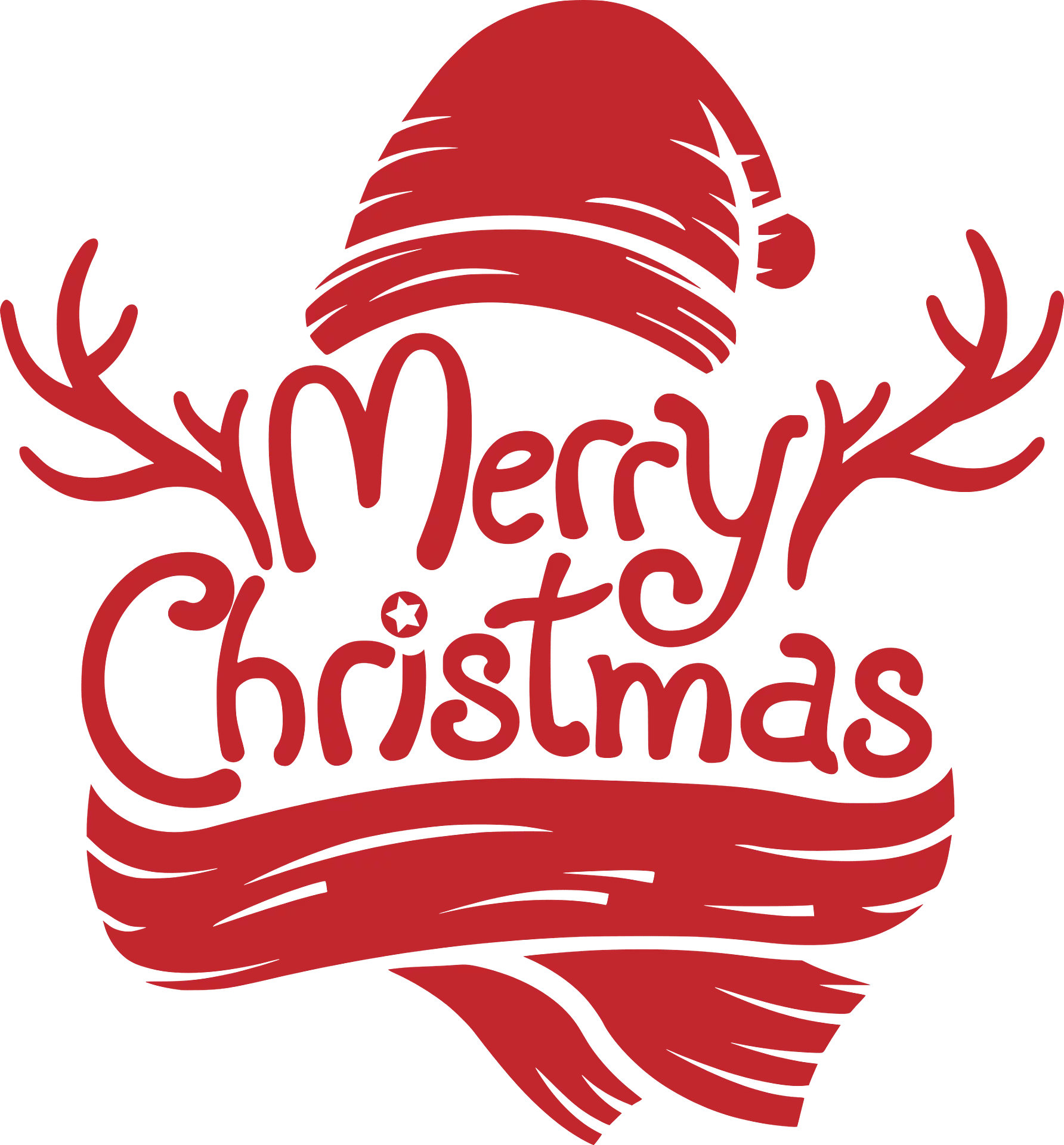 Festive Red Merry Christmas Typography with Santa Hat and Reindeer Antlers Clipart