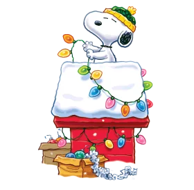 Festive Snoopy Atop Snow-Covered Doghouse with Holiday Lights Winter Celebration