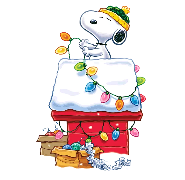 Festive Snoopy Atop Snow-Covered Doghouse with Holiday Lights Winter Celebration