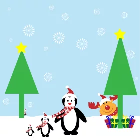 Festive Winter Wonderland with Penguin Family and Reindeer Holiday Clipart