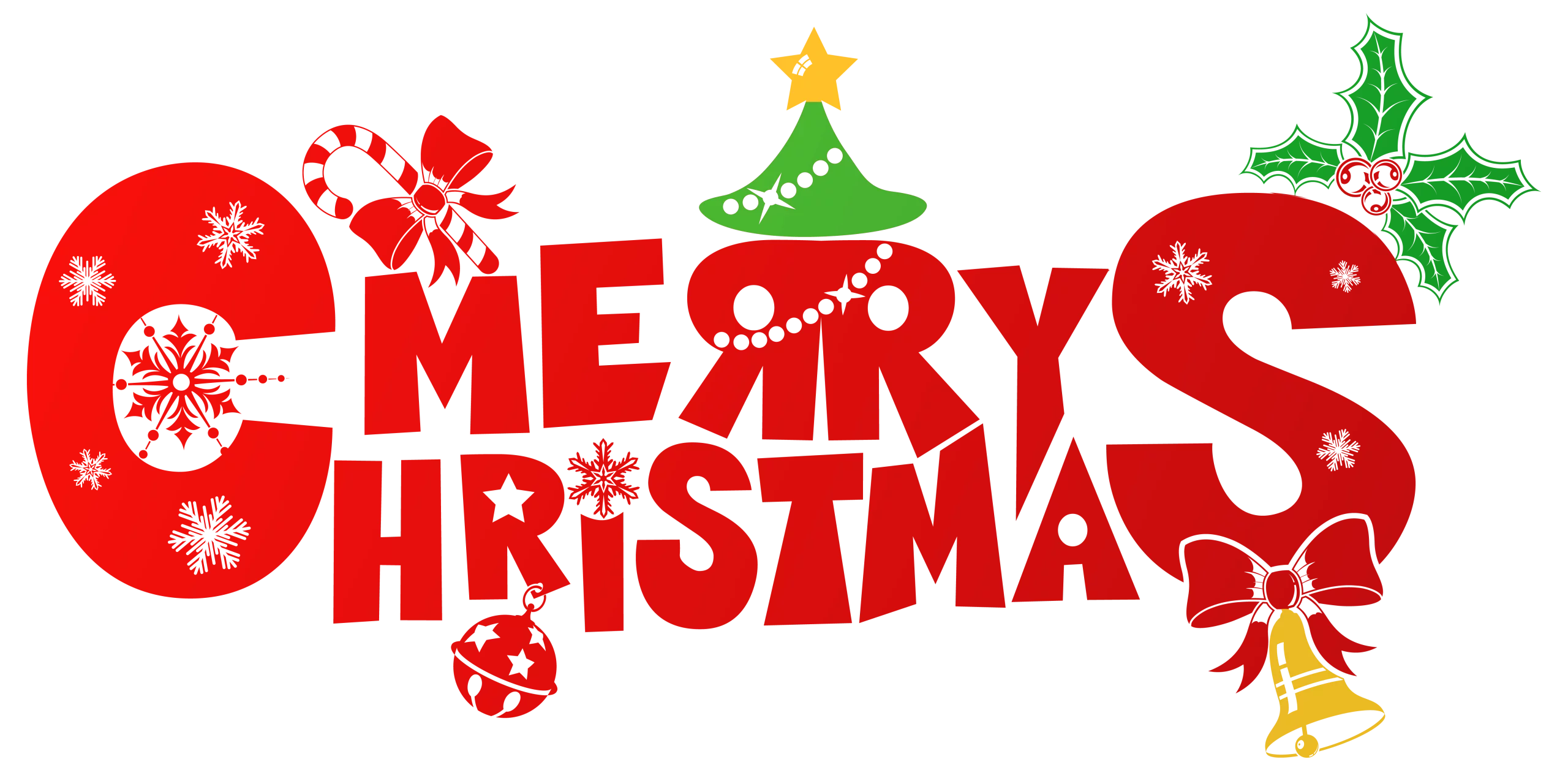 Merry Christmas Festive Typography with Holiday Decorations and Seasonal Clipart