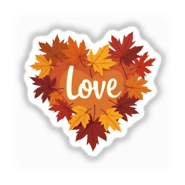 Seasonal Love Heart Autumn Leaf Sticker with Fall Foliage Decoration Clipart