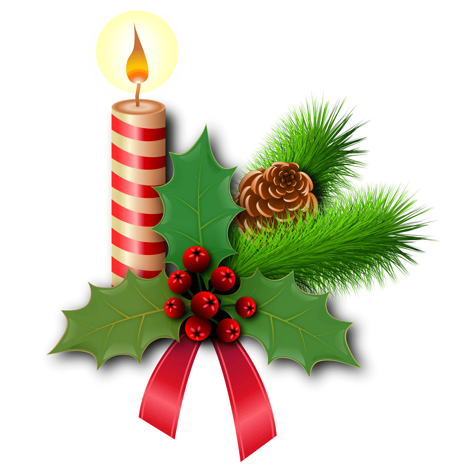 Traditional Christmas Decoration with Striped Candle, Holly Berries and Pine Cone