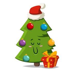 Adorable Cartoon Christmas Tree Character with Santa Hat and Festive Gift Box