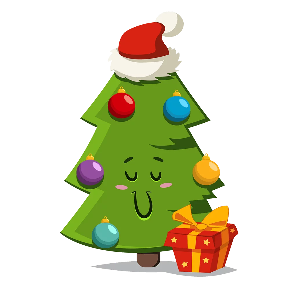 Adorable Cartoon Christmas Tree Character with Santa Hat and Festive Gift Box