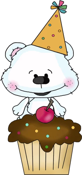 Adorable Polar Bear Cub with Party Hat and Chocolate Cherry Cupcake Clipart