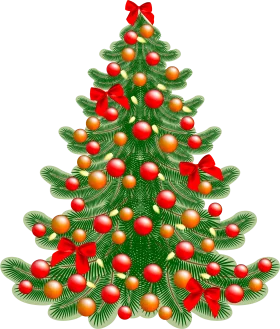 Beautiful Festive Holiday Christmas Tree Adorned with Red Bows and Ornaments