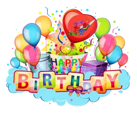 Cheerful Birthday Celebration Clipart with Colorful Balloons and Festive Cake Design