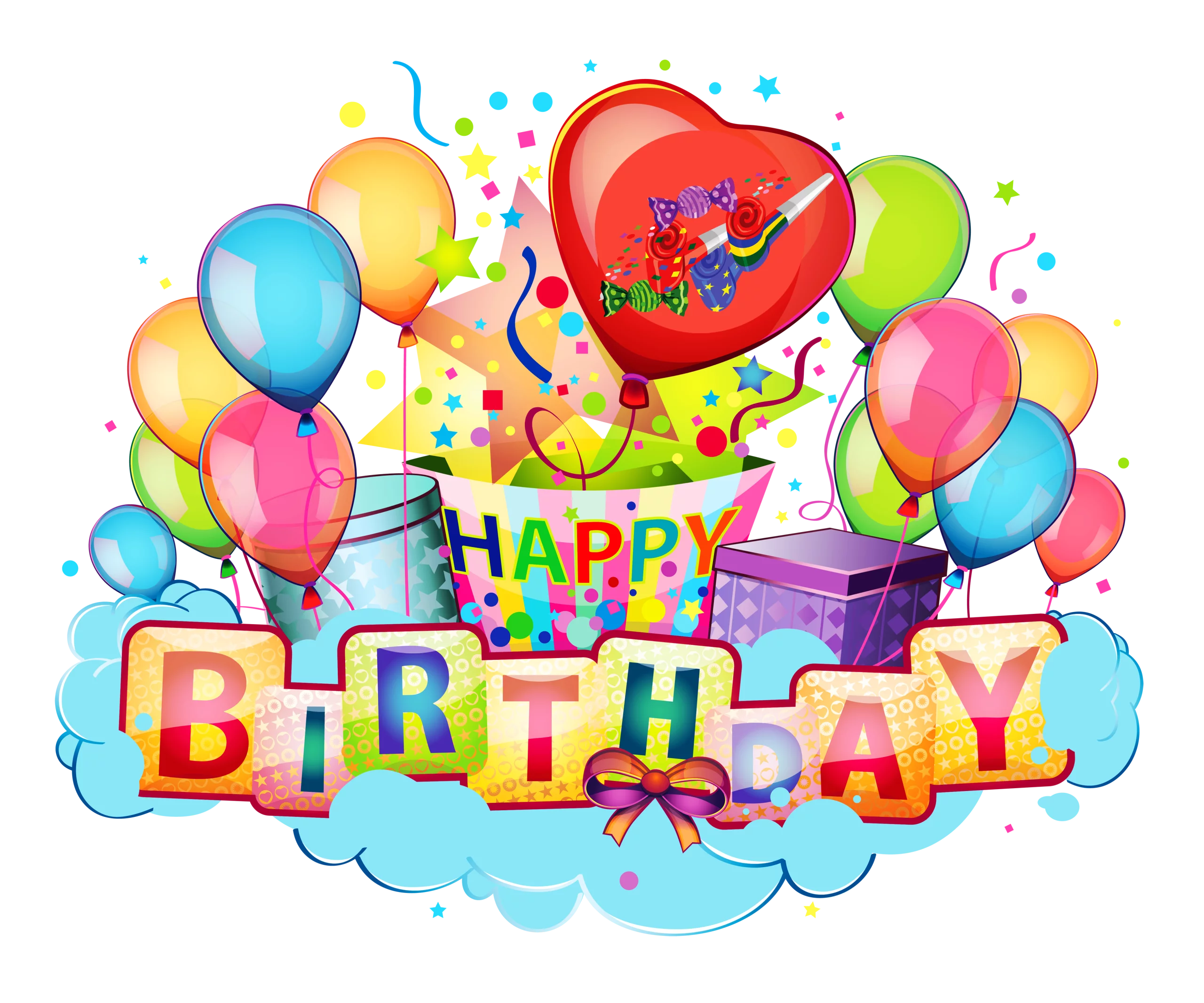 Cheerful Birthday Celebration Clipart with Colorful Balloons and Festive Cake Design