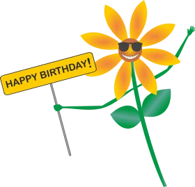 Cheerful Cartoon Sunflower with Sunglasses Holding Happy Birthday Banner Clipart