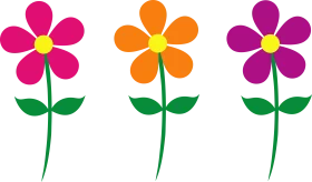 Cheerful Trio of Cartoon Flowers with Pink, Orange and Purple Blossoms Clipart