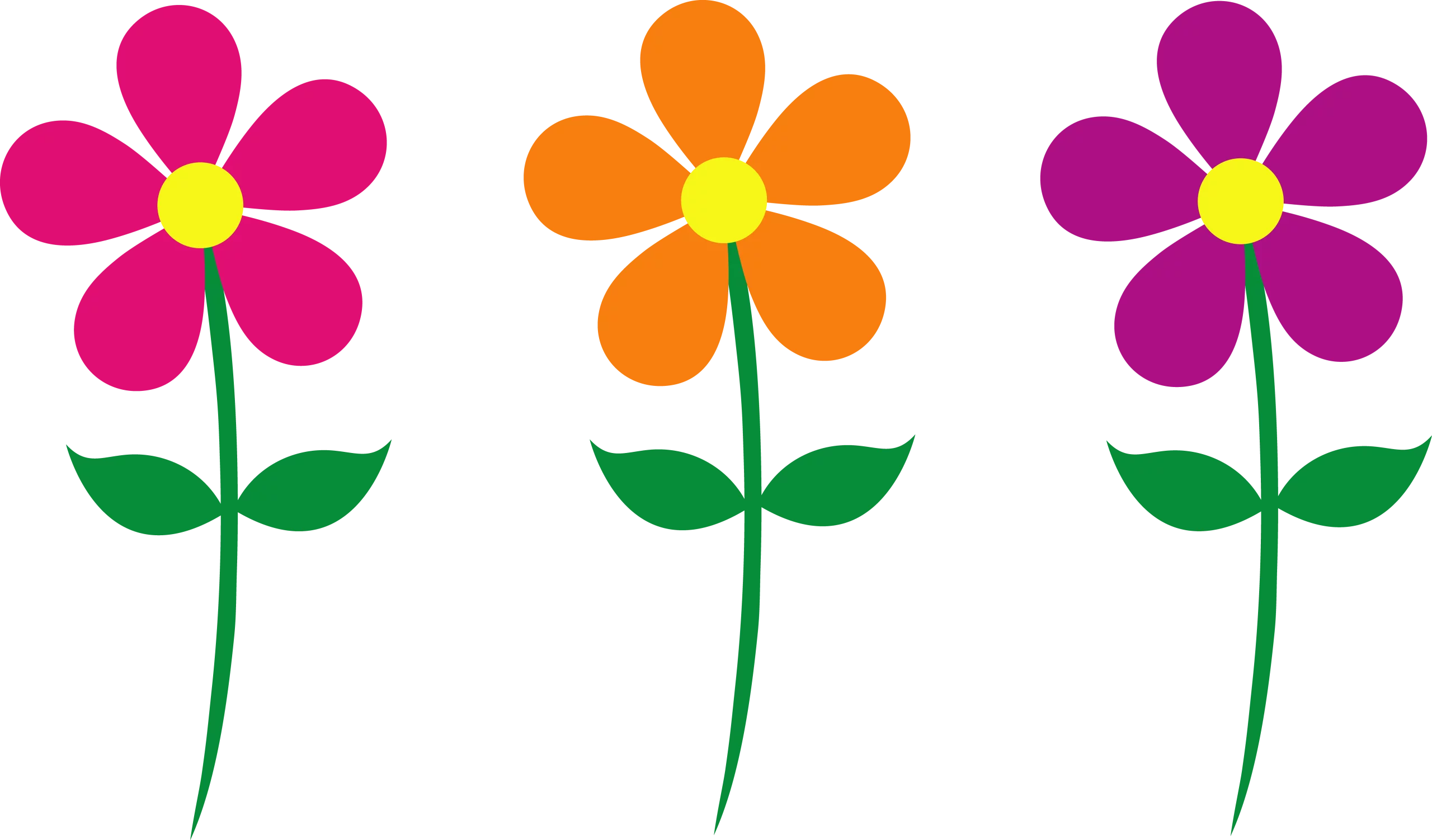 Cheerful Trio of Cartoon Flowers with Pink, Orange and Purple Blossoms Clipart