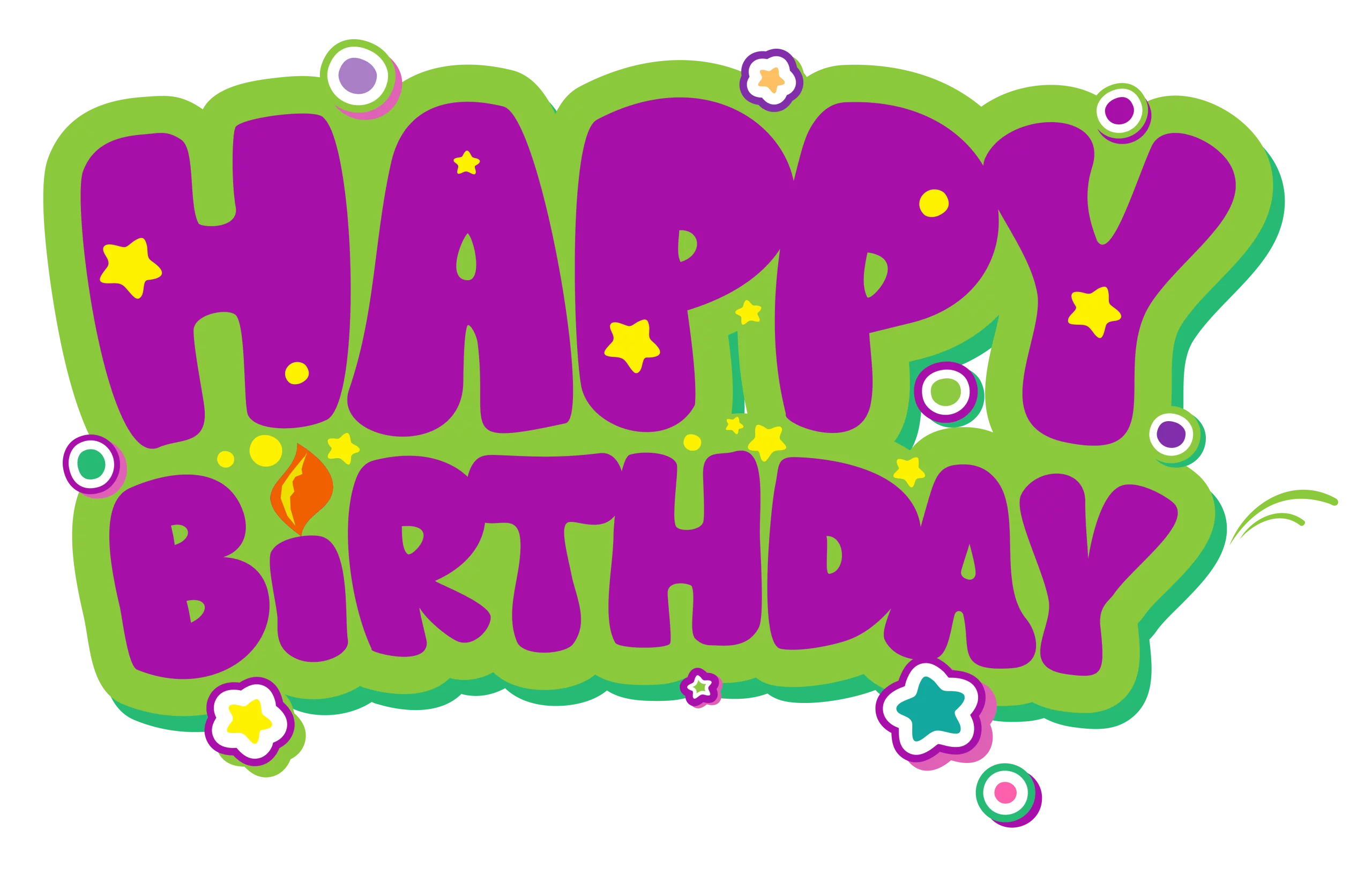 Colorful Bubble Text Happy Birthday Celebration Design with Stars and Decorations