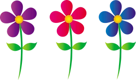 Colorful Cartoon Flower Trio with Purple, Pink and Blue Blooms Clipart