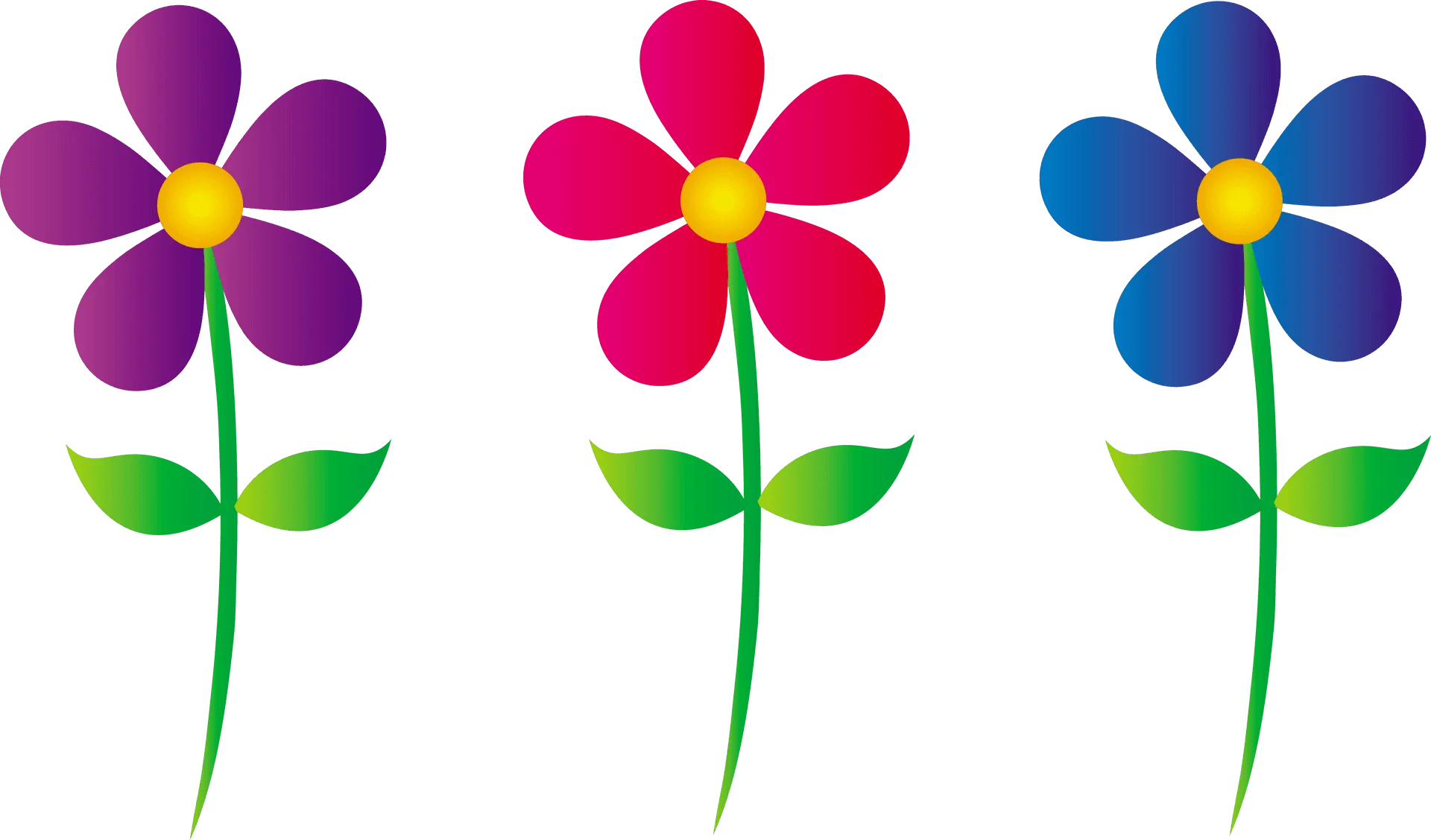 Colorful Cartoon Flower Trio with Purple, Pink and Blue Blooms Clipart