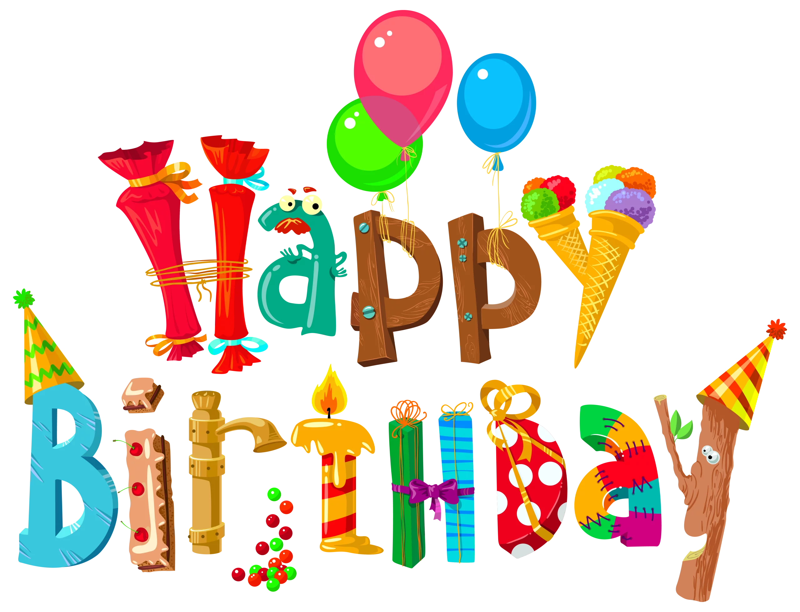 Colorful Happy Birthday Celebration Text with Festive Balloons Clipart Design