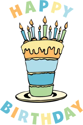 Colorful Layered Birthday Cake Clipart with Candles and Happy Birthday Text