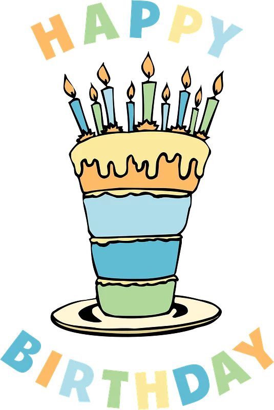 Colorful Layered Birthday Cake Clipart with Candles and Happy Birthday Text