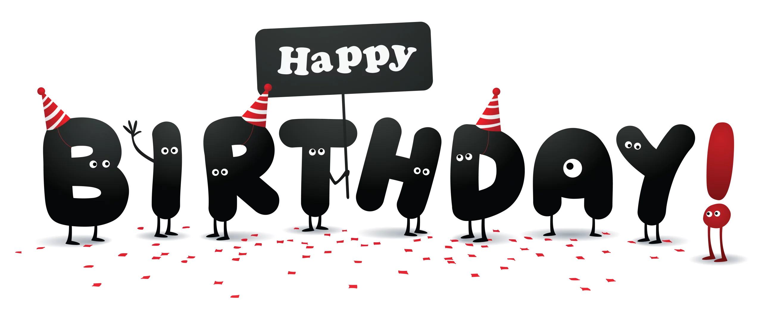 Cute Black Birthday Letters Characters with Party Hats Celebration Clipart