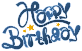 Decorative Blue Happy Birthday Script Text with Yellow Stars Celebration Clipart