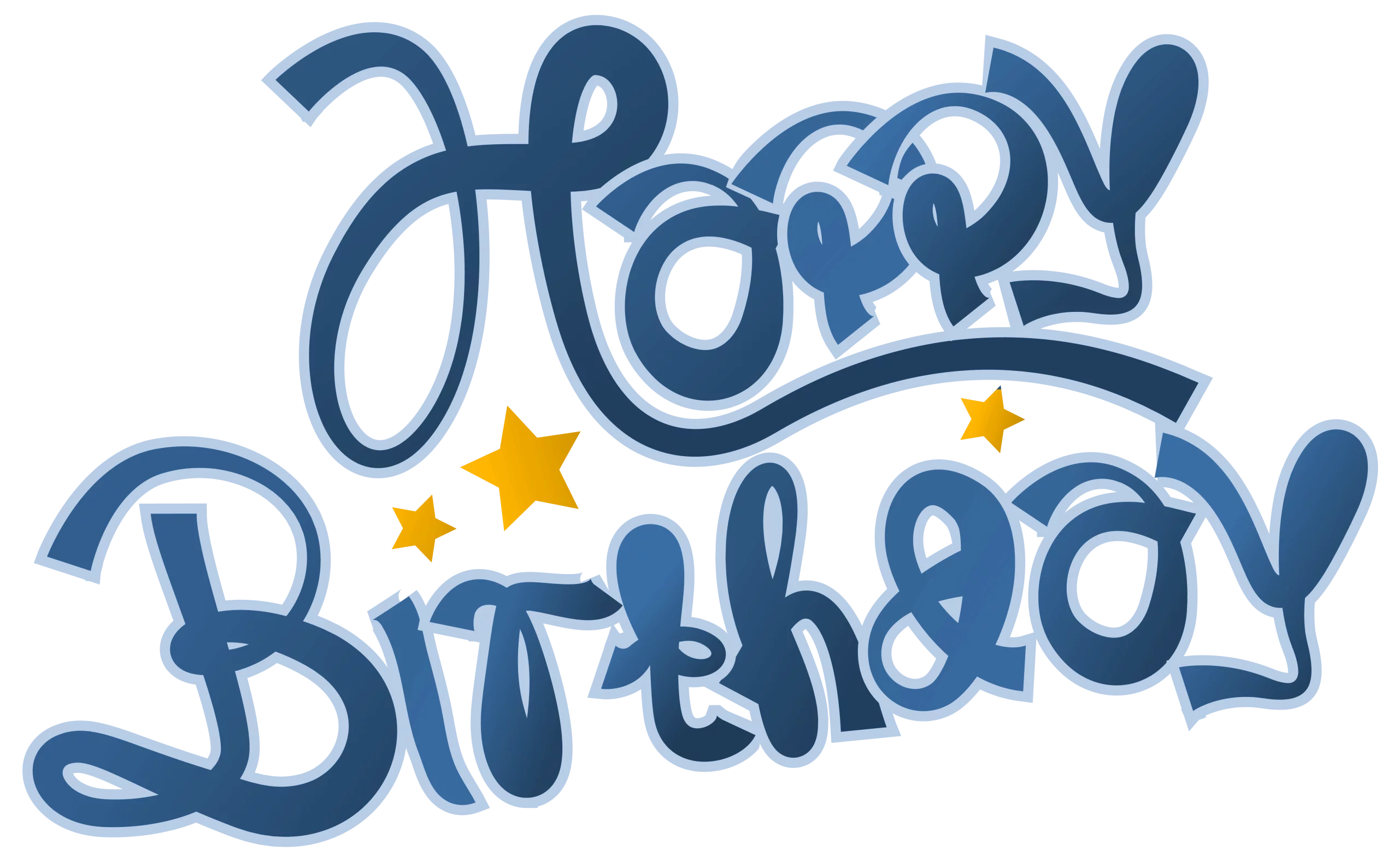 Decorative Blue Happy Birthday Script Text with Yellow Stars Celebration Clipart