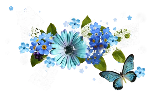 Delicate Blue Floral Arrangement with Butterfly Clipart Illustration