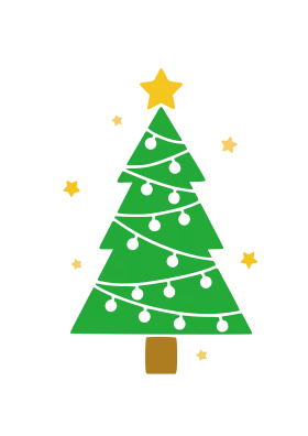 Festive Cartoon Christmas Tree with Lights, Ornaments and Golden Stars Clipart