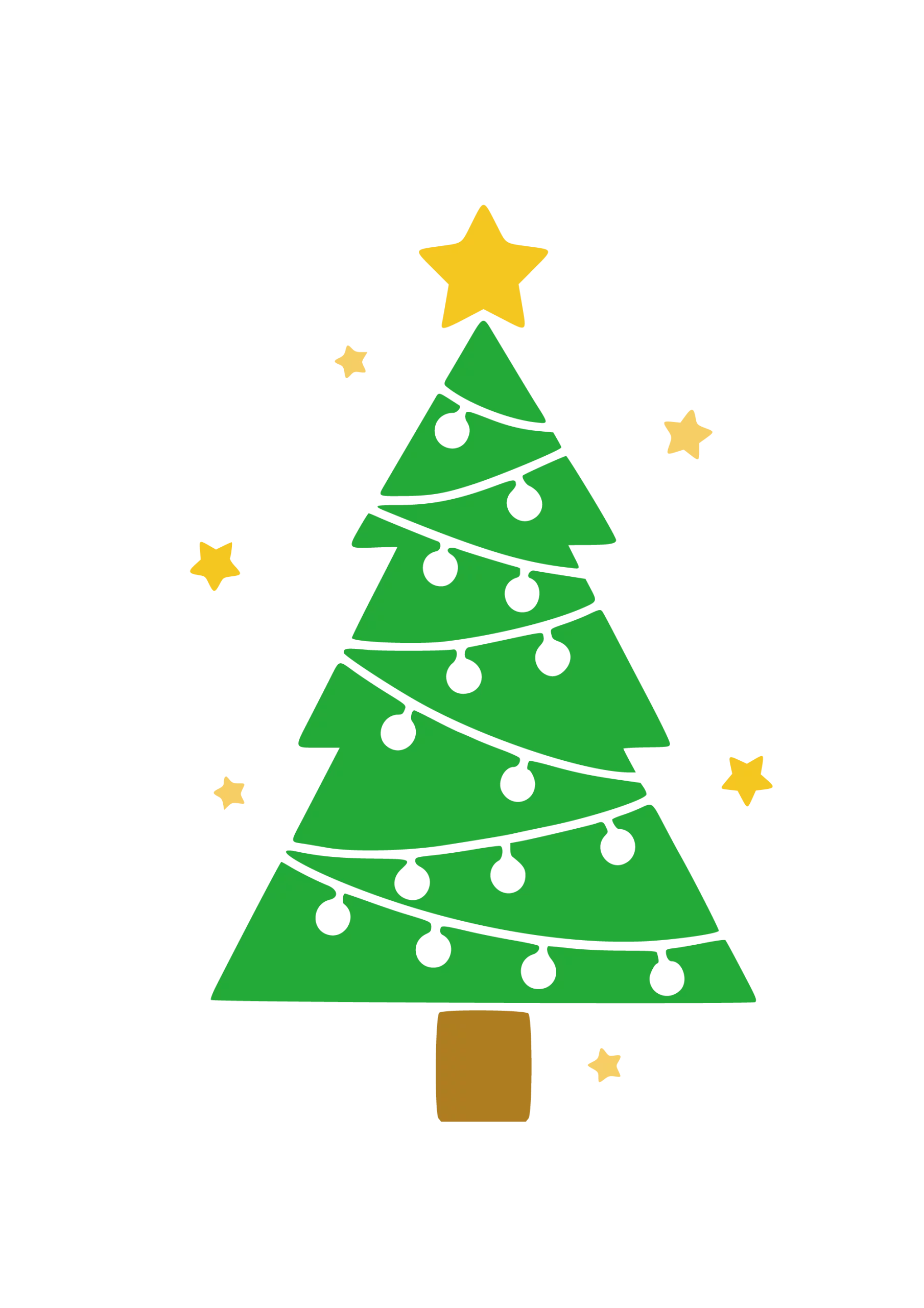 Festive Cartoon Christmas Tree with Lights, Ornaments and Golden Stars Clipart