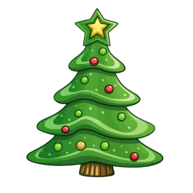 Festive Cartoon Christmas Tree with Yellow Star Topper and Colorful Ornaments