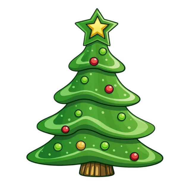 Festive Cartoon Christmas Tree with Yellow Star Topper and Colorful Ornaments