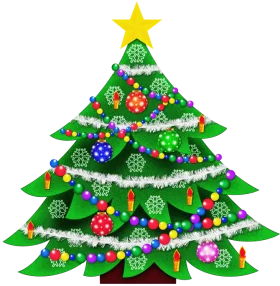 Festive Christmas Tree Clipart with Ornaments, Garlands, and Star Topper