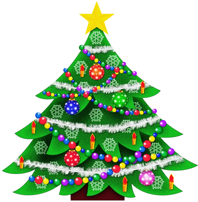 Festive Christmas Tree Clipart with Ornaments, Garlands, and Star Topper