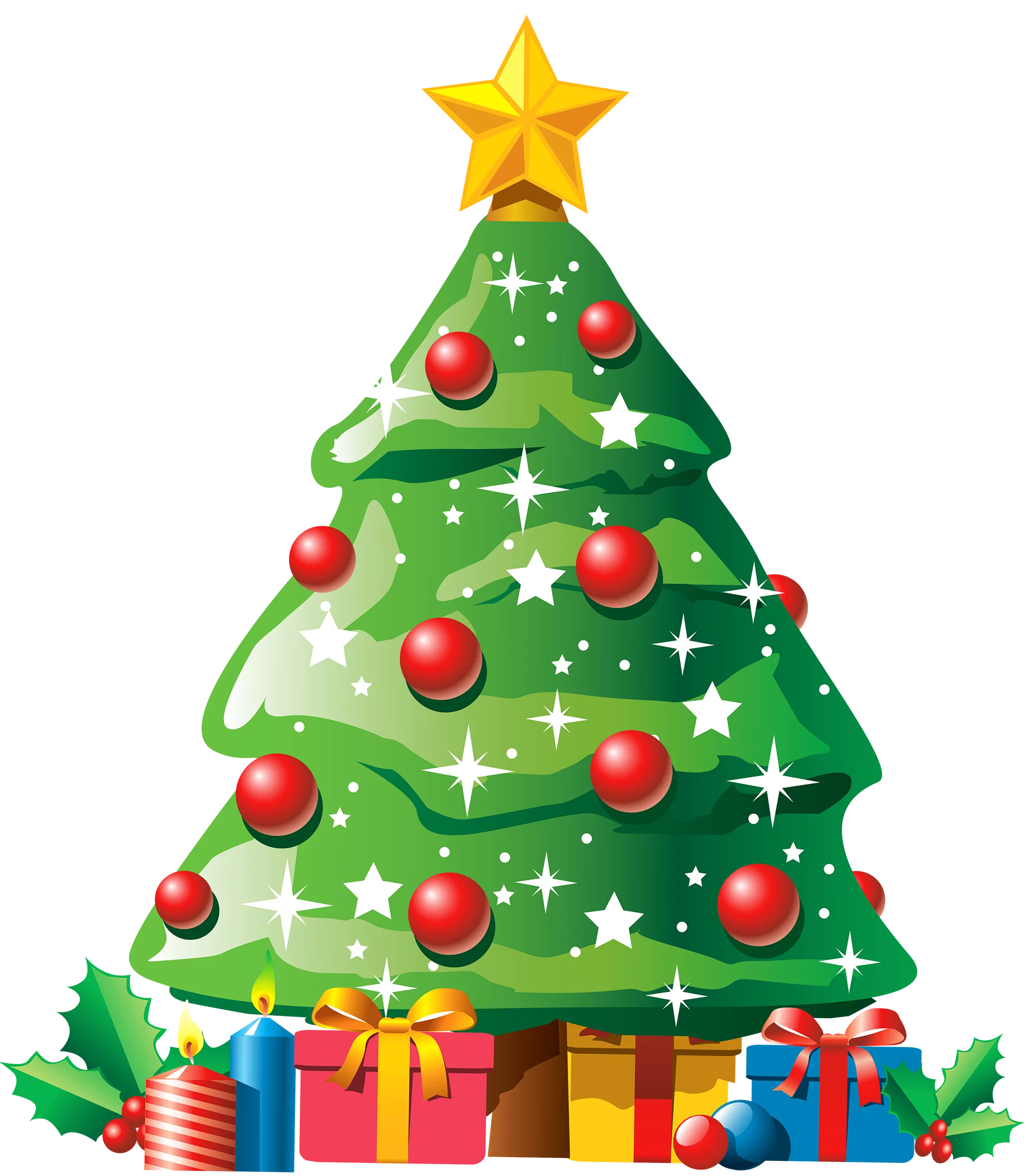 Festive Christmas Tree Clipart with Shining Star and Colorful Holiday Gifts