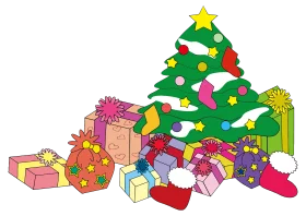 Festive Christmas Tree Surrounded by Colorful Wrapped Presents Holiday Clipart