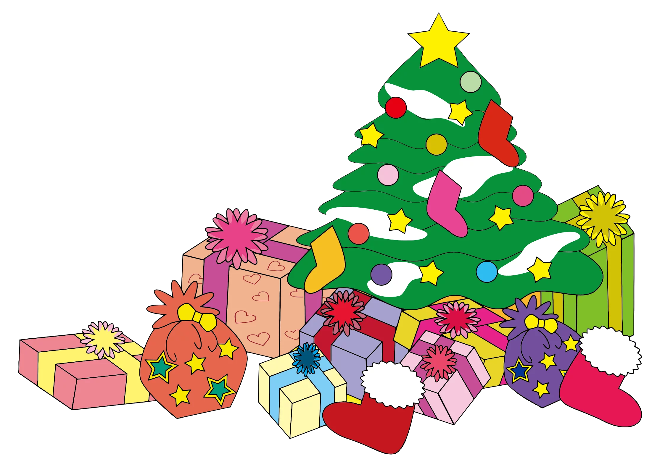 Festive Christmas Tree Surrounded by Colorful Wrapped Presents Holiday Clipart