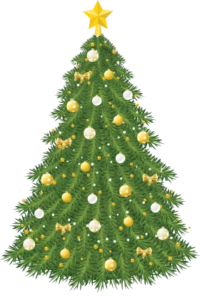 Festive Christmas Tree with Gold and White Ornaments and Star Holiday Clipart