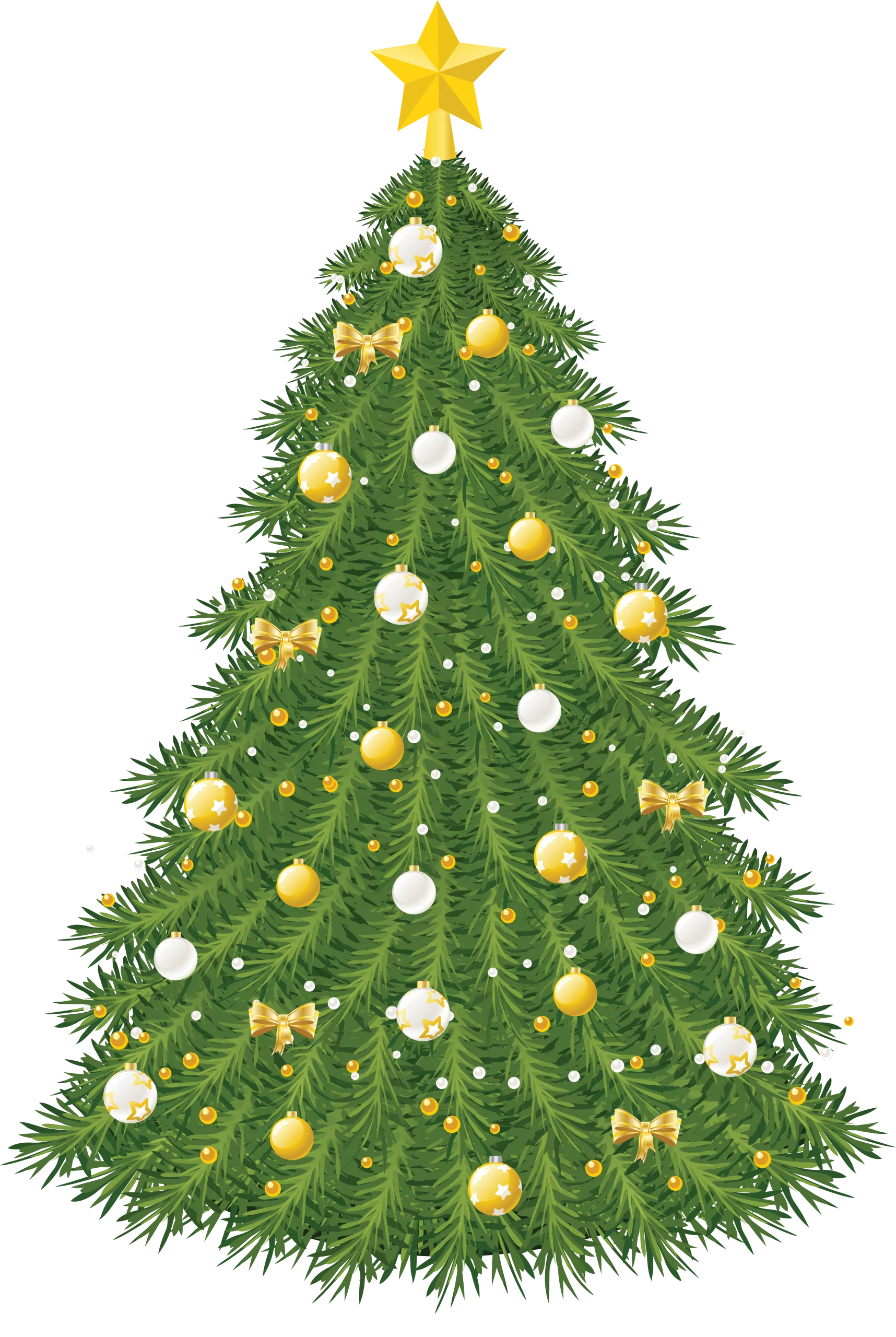 Festive Christmas Tree with Gold and White Ornaments and Star Holiday Clipart