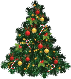 Festive Green Christmas Tree with Red and Gold Ornaments and Candy Canes Clipart