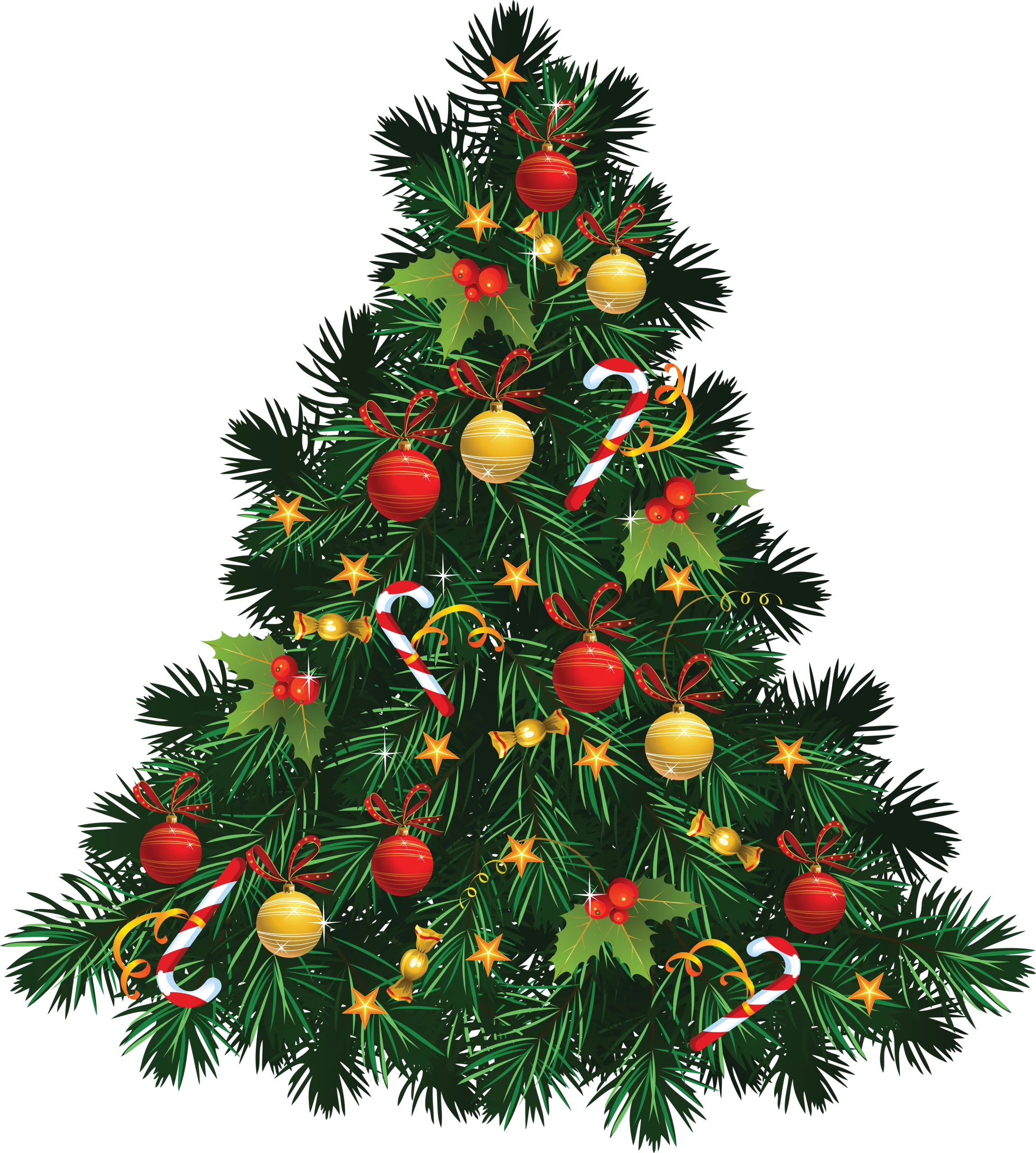 Festive Green Christmas Tree with Red and Gold Ornaments and Candy Canes Clipart