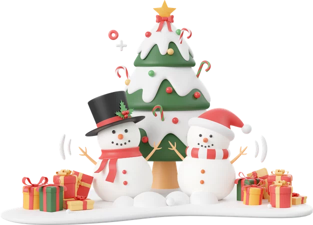 Festive Winter Wonderland: Jolly Snowman Family Around Christmas Tree with Gifts