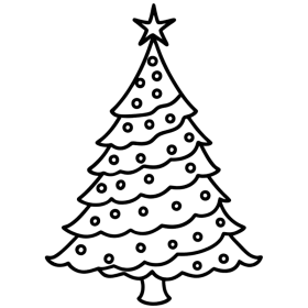 Simple Black and White Christmas Tree Outline with Decorative Ornaments Clipart