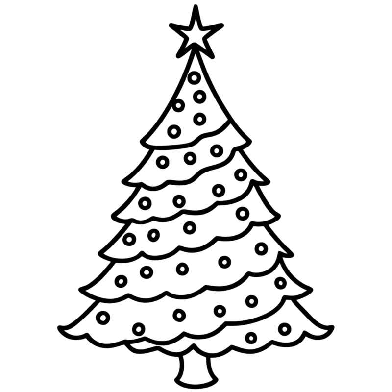 Simple Black and White Christmas Tree Outline with Decorative Ornaments Clipart